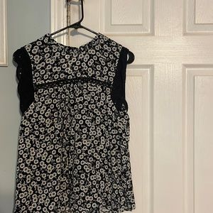 Loft, black and white daisy shirt with eyelet trim